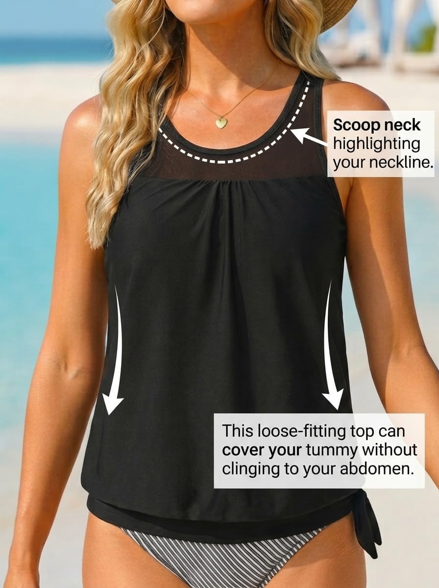 Tankini Tops for Women Swimwear – Blouson Swim Top Loose Fit Bathing Suit(Black)