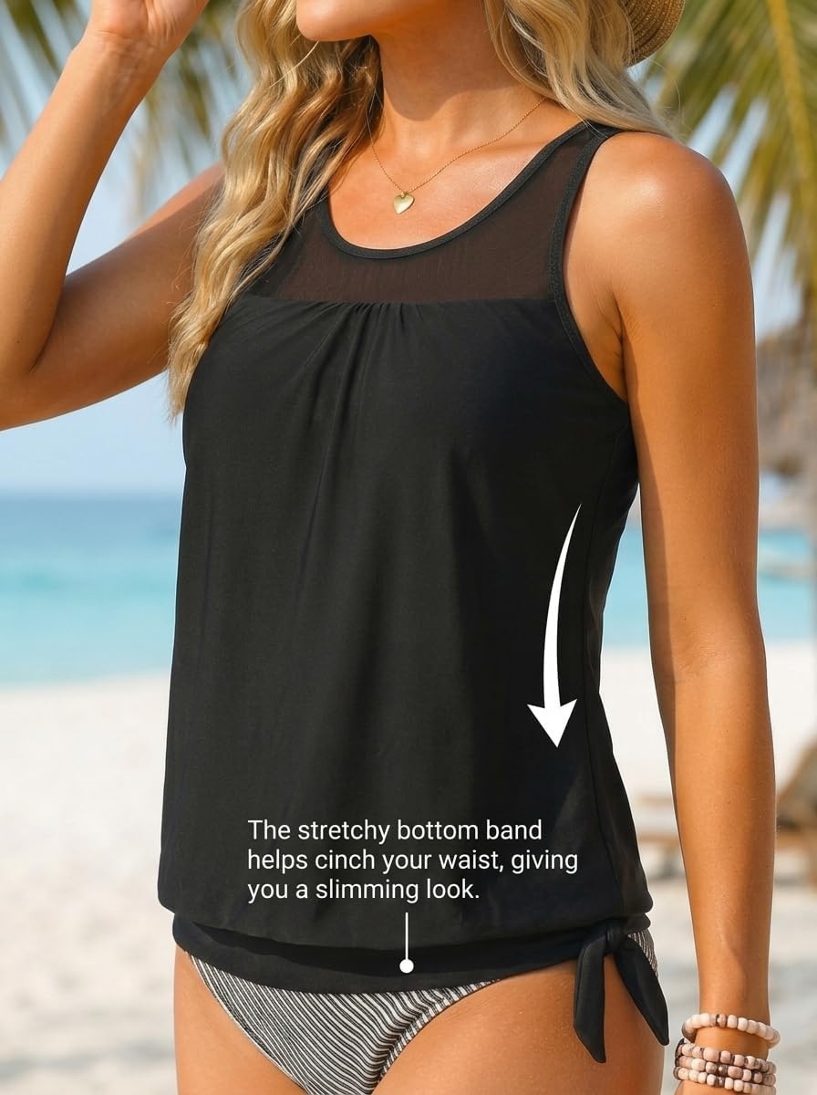 Tankini Tops for Women Swimwear – Blouson Swim Top Loose Fit Bathing Suit(Black)