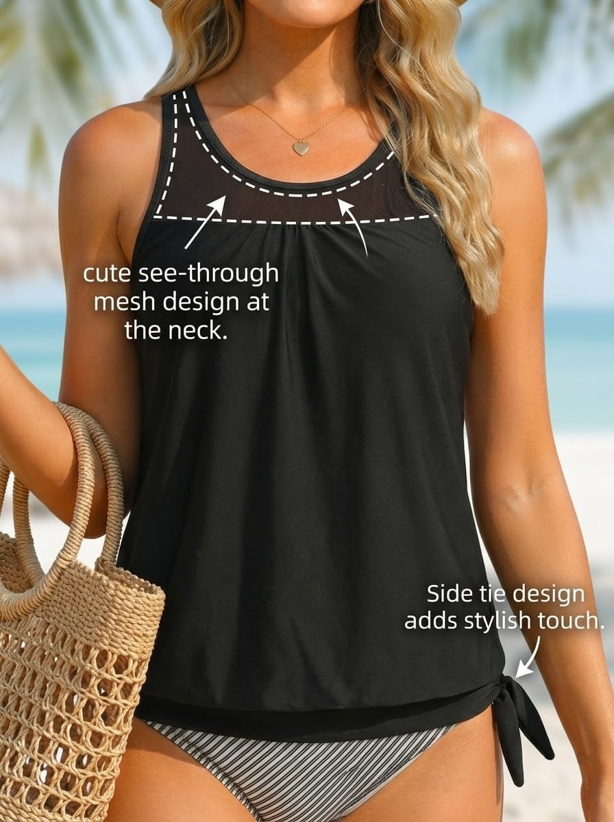 Tankini Tops for Women Swimwear – Blouson Swim Top Loose Fit Bathing Suit(Black)