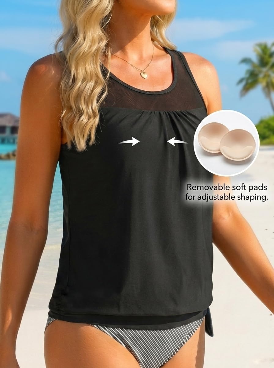 Tankini Tops for Women Swimwear – Blouson Swim Top Loose Fit Bathing Suit(Black)
