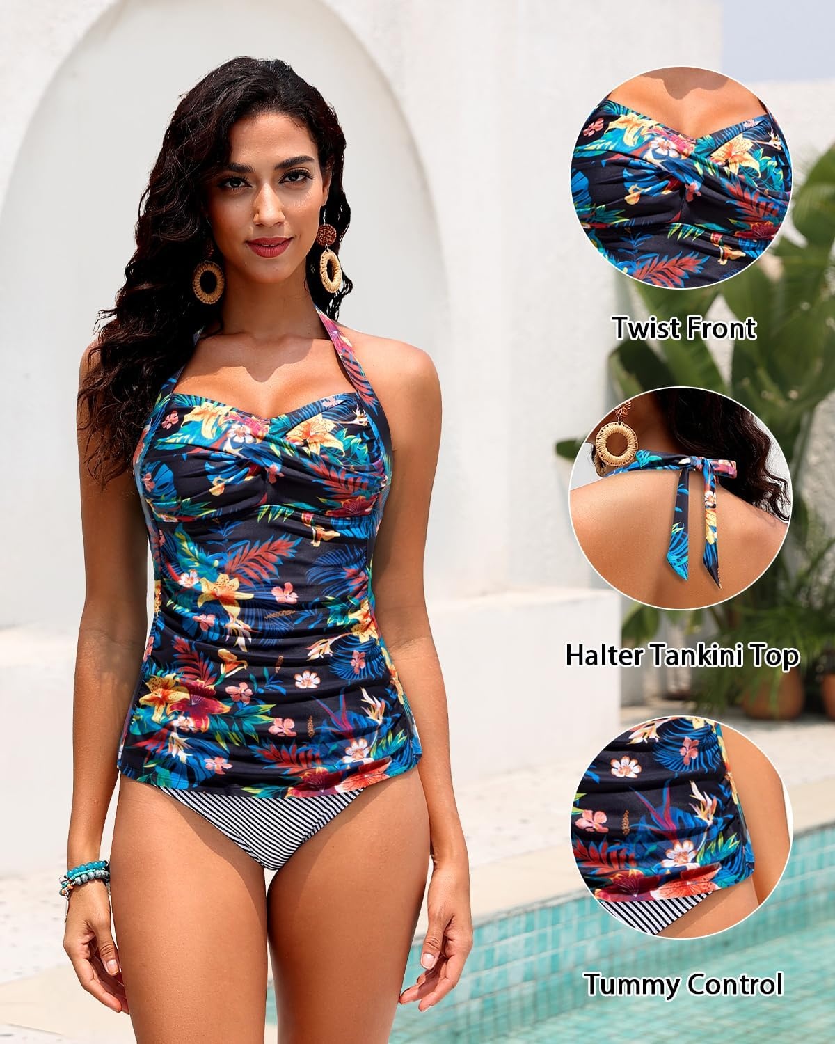 Women Tankini Bathing Suit Top – Halter Swim Tops Only Tummy Control No Bottom Swimwear(Black Flower)