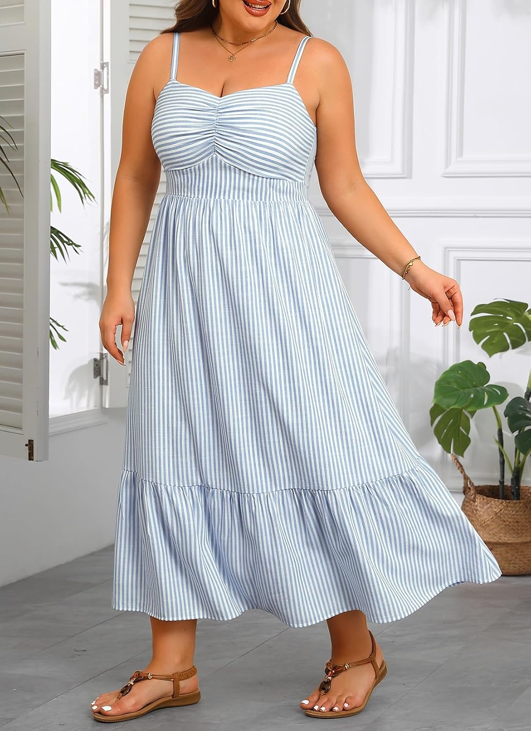 Talisea Plus Size Maxi Dress – Summer Striped Sundress Casual Spaghetti Strap Smocked Beach Vacation Flowy Long Dresses Women(Blue and White)