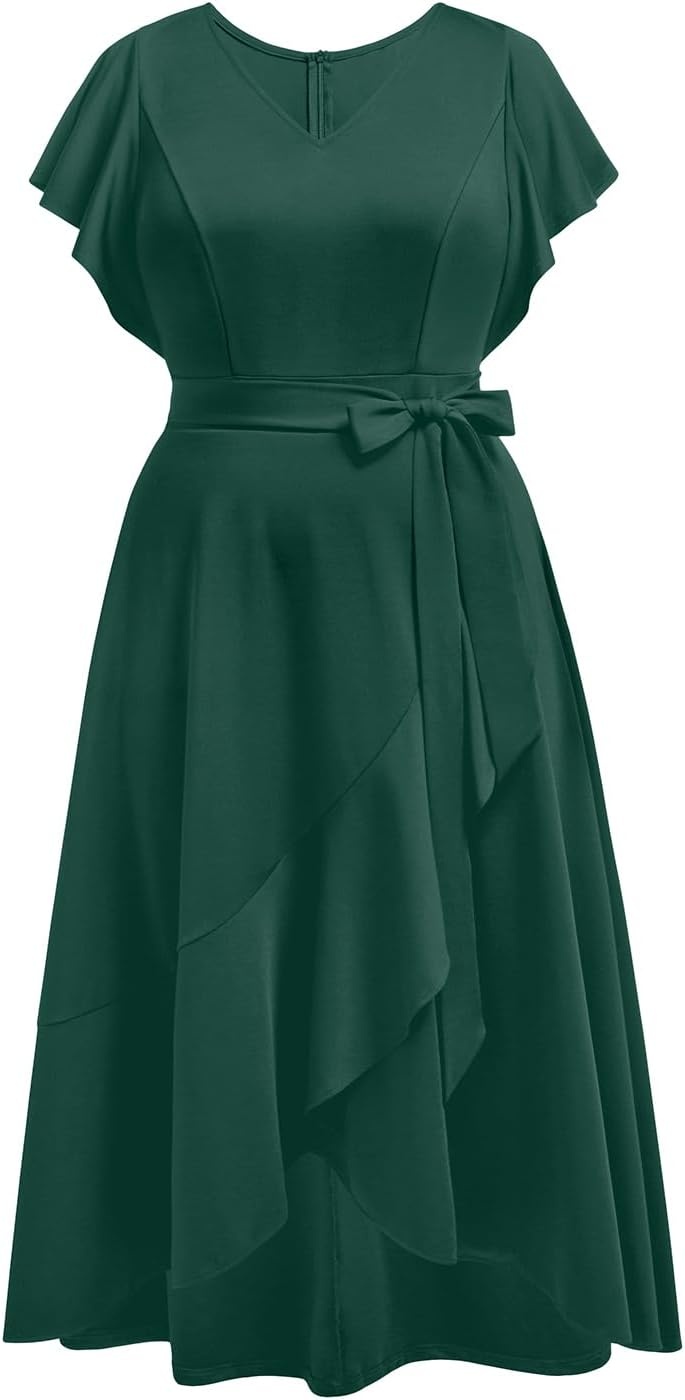 Plus Size Wedding Guest Dress -Formal Split V Neck Maxi Dress for Women | Formal cocktail party maxi dress,long dress with belt,ruffle V-neck with high-low split hem for curvy women.(Emerald Green)