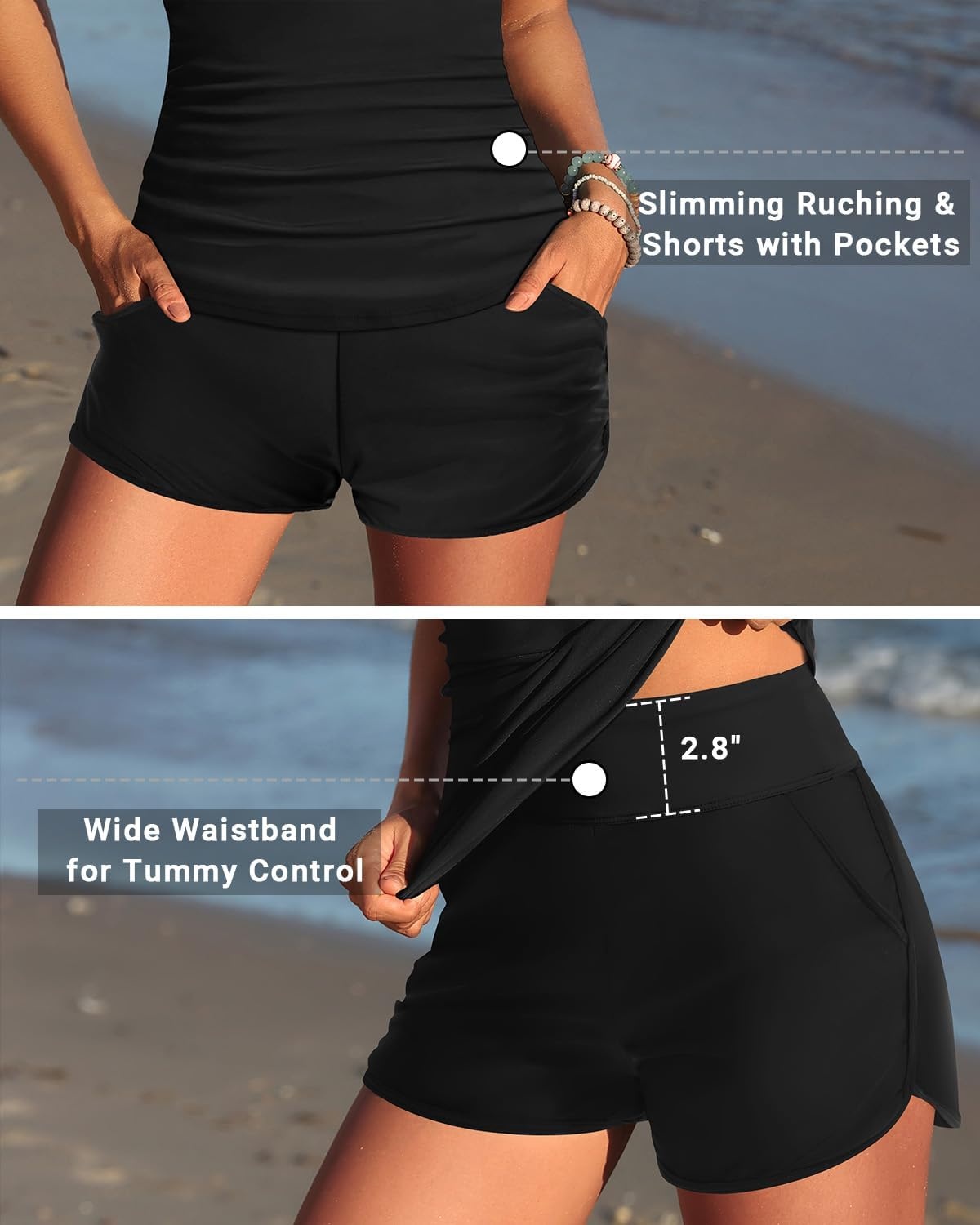 Tankini Bathing Suits with Skirt Two Piece Tummy Control Twist Swimsuits | Adjustable Straps,Slimming Ruching Design,Chic Twist Front and V-Neck,Built-In Safety Brief(Black With Shorts)