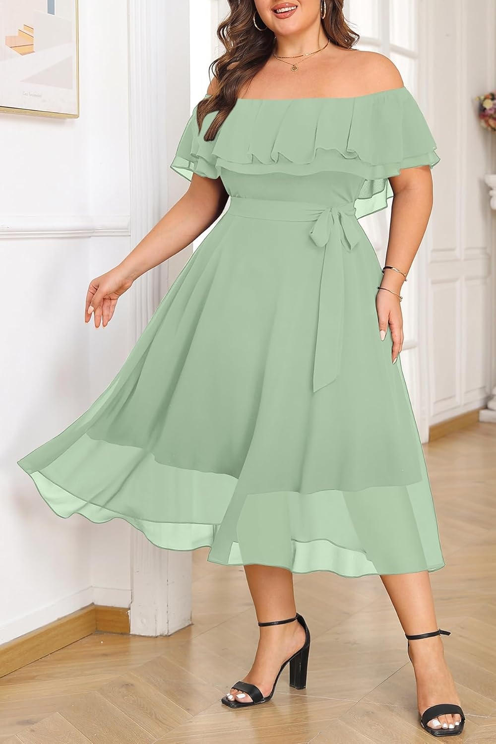 Talisea Plus Size Dresses Wedding Guest – Formal Ruffle Off The Shoulder Cocktail Chiffon A-Line Midi Dress Curvy Women(Sage Green)