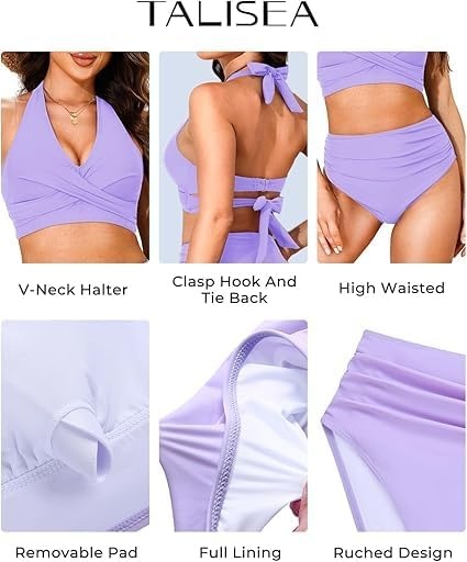 Talisea High Waisted Bikini Set for Women Two Piece Tummy Control Swimsuit Halter Push Up Bathing Suits with Twist Front Top(Lavender Purple)