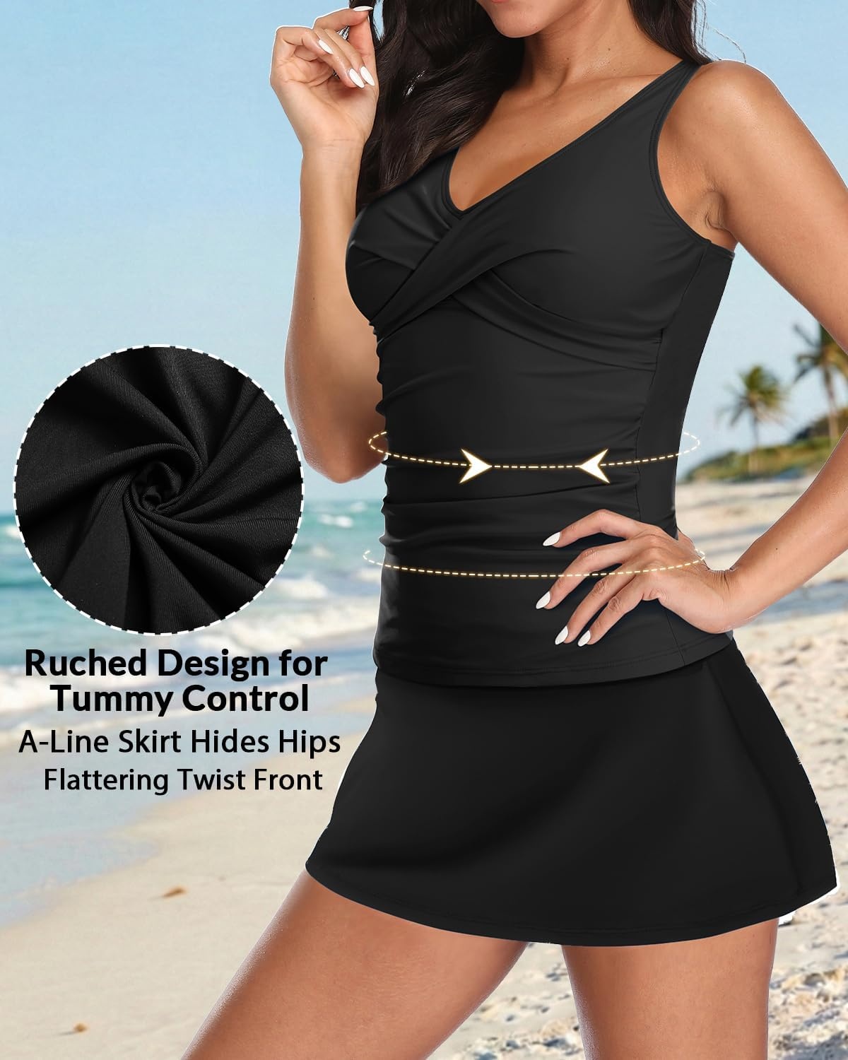 Talisea Womens Tankini Bathing Suits with Skirt Two Piece Tummy Control Swimsuits Ladies Swimwear(Black)