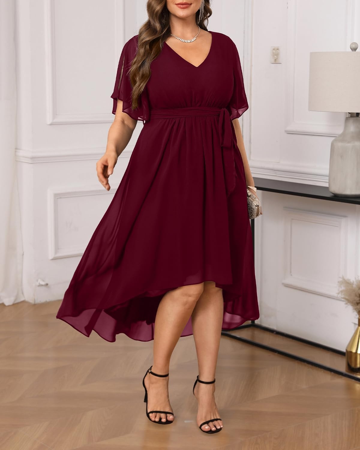 Plus Size Dresses Wedding Guest Formal Chiffon Short Sleeve High Low Dress(Wine Red)
