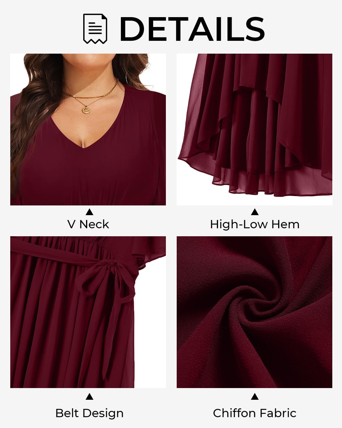 Plus Size Dresses Wedding Guest Formal Chiffon Short Sleeve High Low Dress(Wine Red)