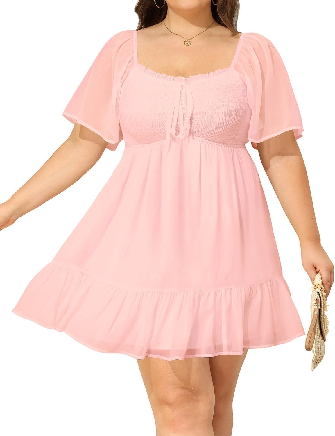 Talisea Plus Size Women’s Sweetheart Neckline Dress Smocked Short Summer Sundress Chiffon Mini Cute Graduation Dresses(Pink Short Sleeve)