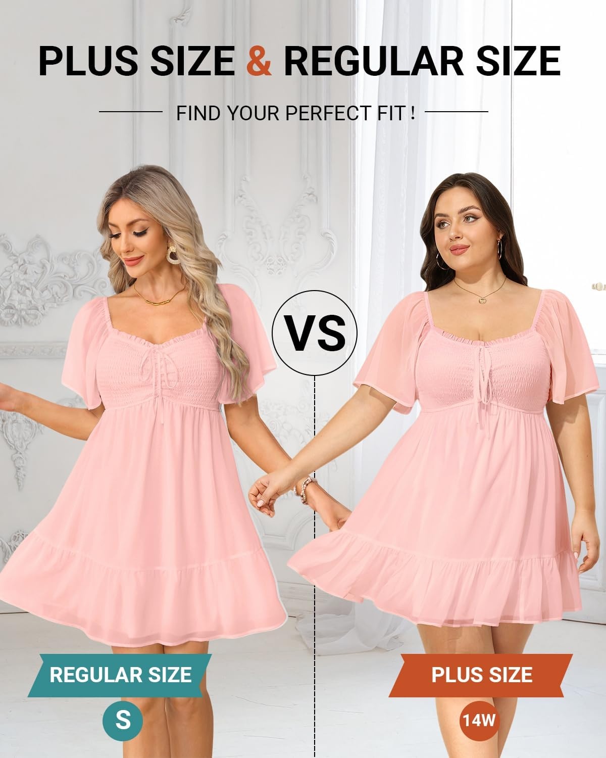 Talisea Plus Size Women’s Sweetheart Neckline Dress Smocked Short Summer Sundress Chiffon Mini Cute Graduation Dresses(Pink Short Sleeve)