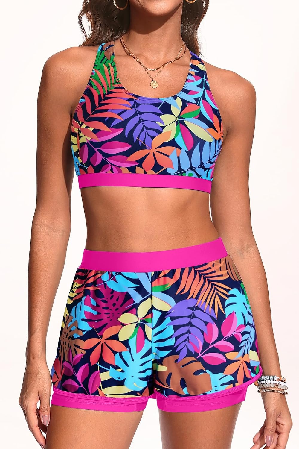 Talisea 3 Piece Tankini Swimsuits Women – Athletic Swim Tank Top with Bra and Boyshorts Bathing Suits Modest Swimwear 2026(Colorful Leaves)