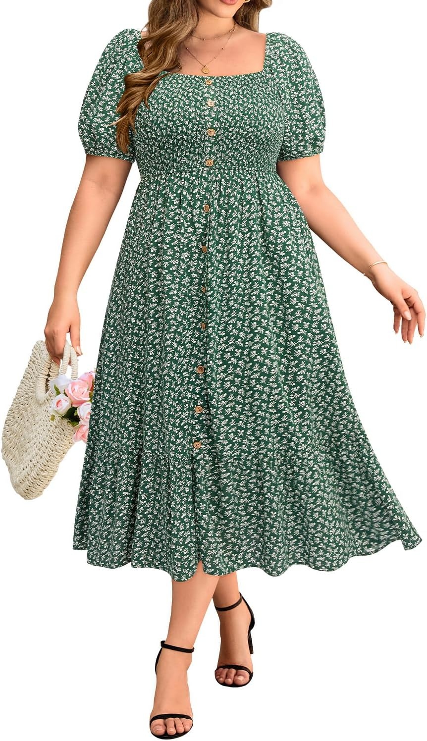 Plus Size Summer Dresses – Boho Casual Wedding Guest Midi Flowy Short Sleeves Smocked Button Down Dress for Curvy Women(Green Floral)