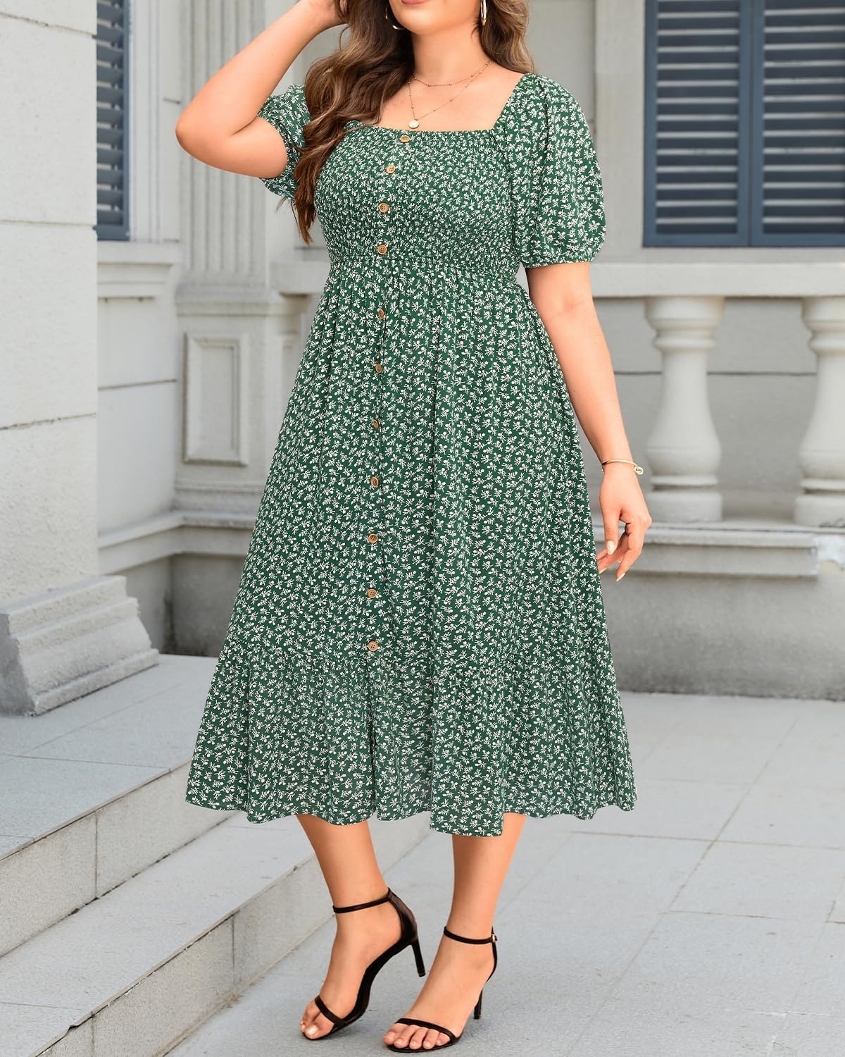 Plus Size Summer Dresses – Boho Casual Wedding Guest Midi Flowy Short Sleeves Smocked Button Down Dress for Curvy Women(Green Floral)