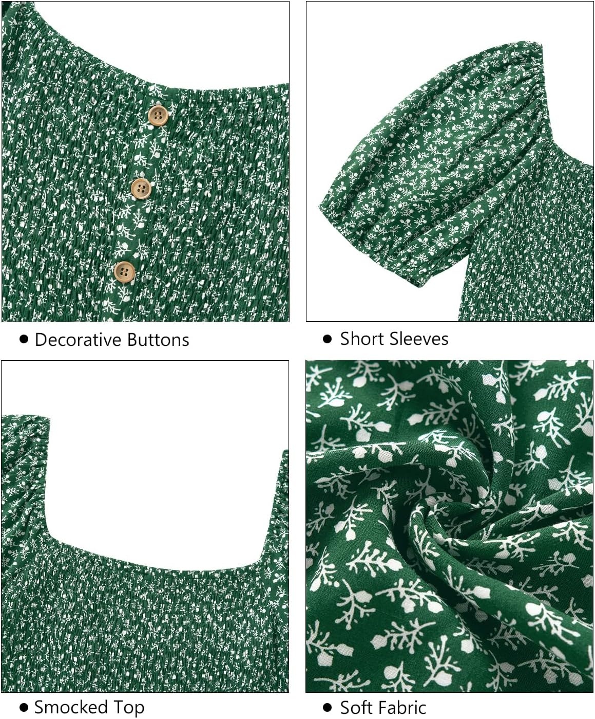 Plus Size Summer Dresses – Boho Casual Wedding Guest Midi Flowy Short Sleeves Smocked Button Down Dress for Curvy Women(Green Floral)