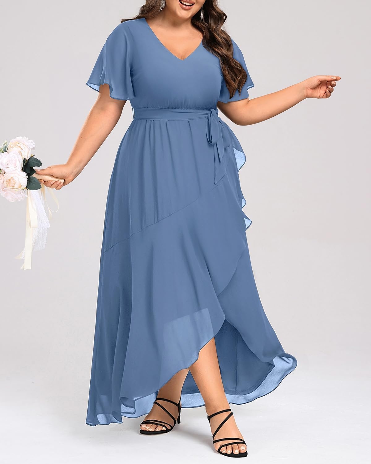 Talisea Womens Plus Size Long Dress Chiffon High Low Split Ruffle Evening Bridesmaid Wedding Guest Formal Maxi Dresses(Dusty Blue)