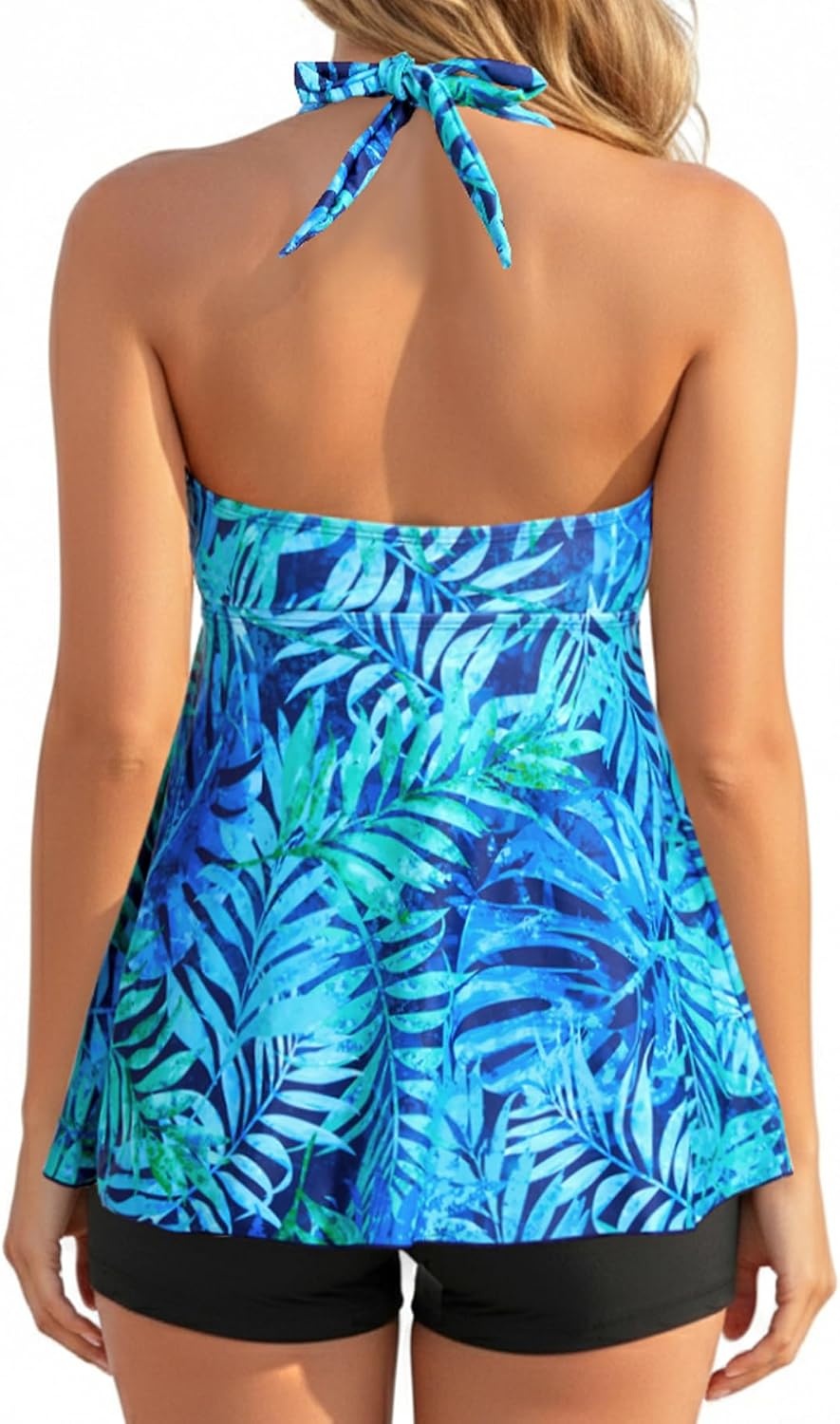 Talisea Tankini Swimsuit Bathing Suit 2024 – Women Two Piece with Shorts Halter Twist Front Flowy Top Retro Swimwear(Blue Leaves)