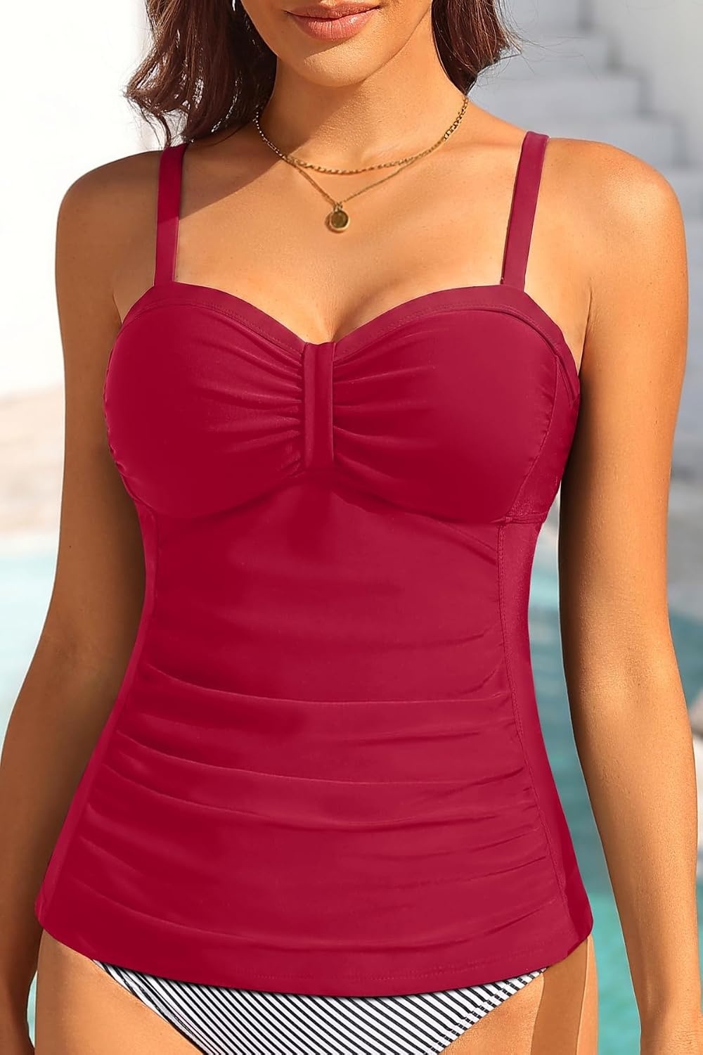 Women’s Underwire Tummy Control Swimsuit Top Push Up Bathing Suit Top(Red)