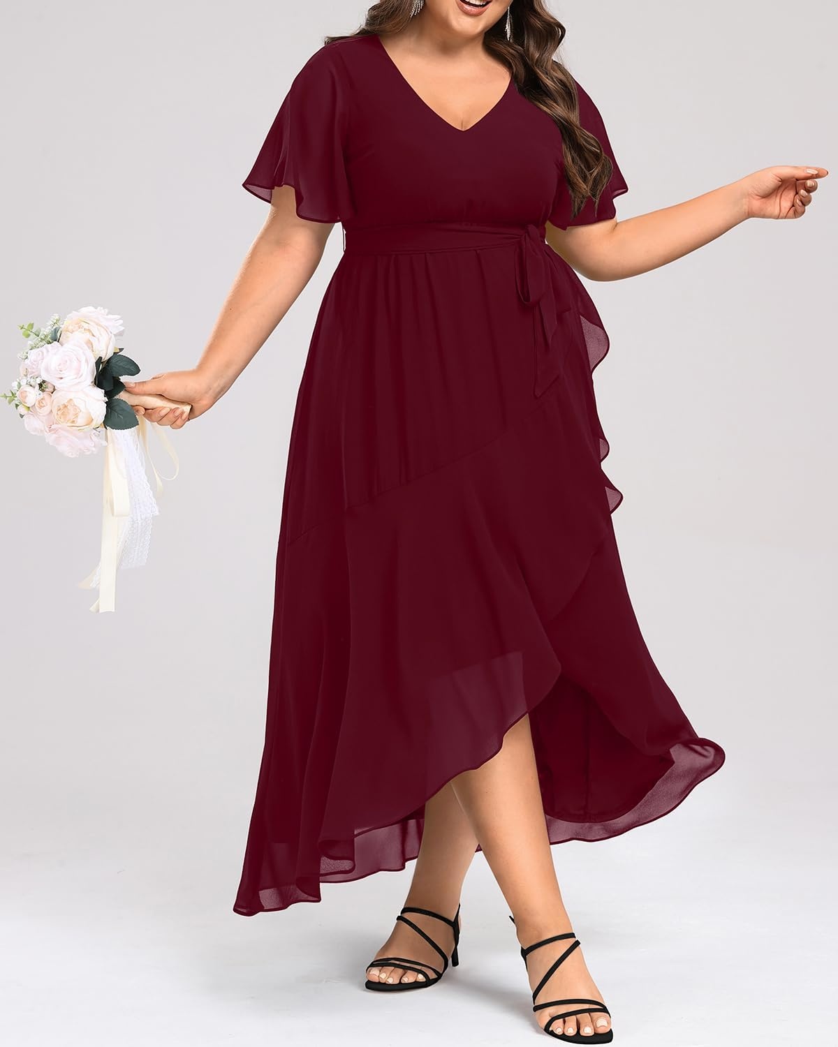 Talisea Womens Plus Size Long Dress Chiffon High Low Split Ruffle Evening Bridesmaid Wedding Guest Formal Maxi Dresses(Burgundy)