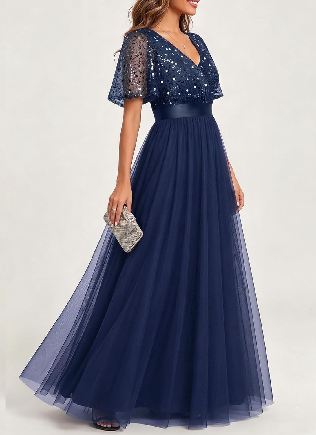 Formal Dresses for Women Prom Evening Gown Sequin Tulle V Neck Ruffle Short Sleeve Empire Waist A Line Long Dress(Navy Blue)