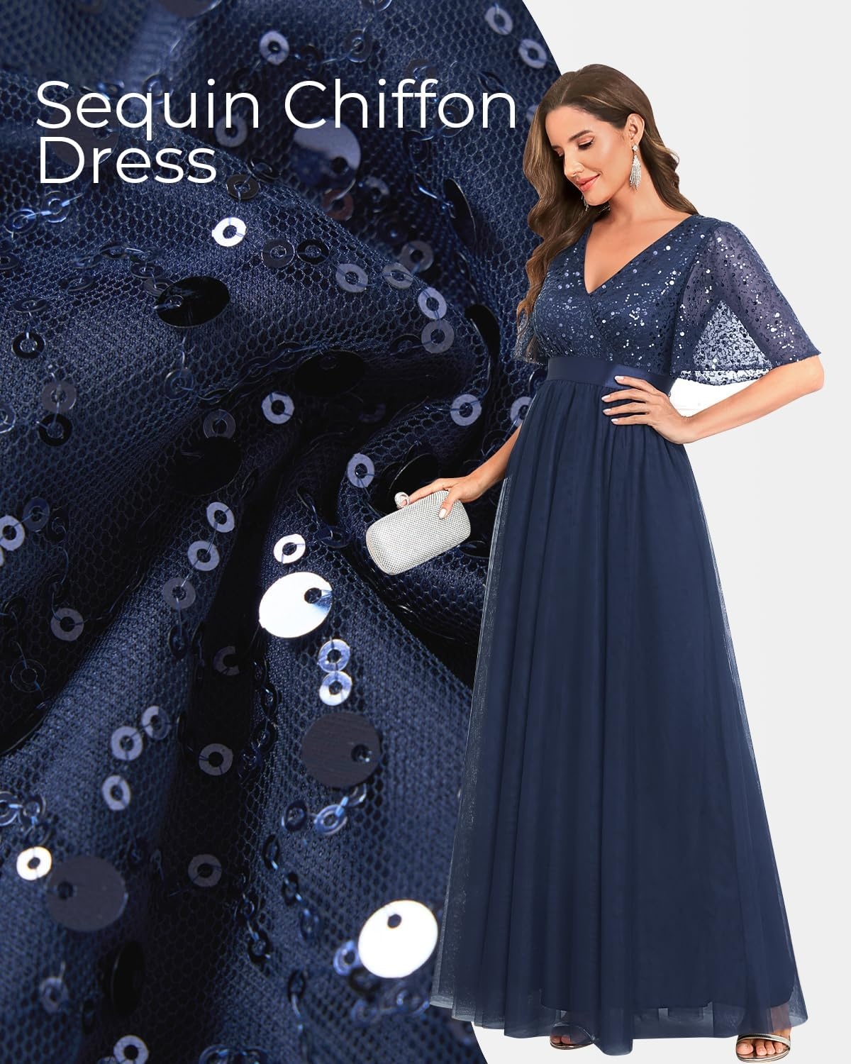 Formal Dresses for Women Prom Evening Gown Sequin Tulle V Neck Ruffle Short Sleeve Empire Waist A Line Long Dress(Navy Blue)