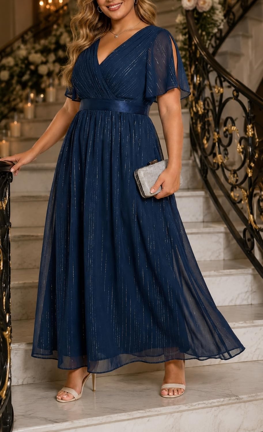 Talisea Plus Size Formal Dress – Chiffon V Neck Bridesmaid Wedding Guest Party Short Sleeve A-Line Floor Length Dresses(Navy Blue)