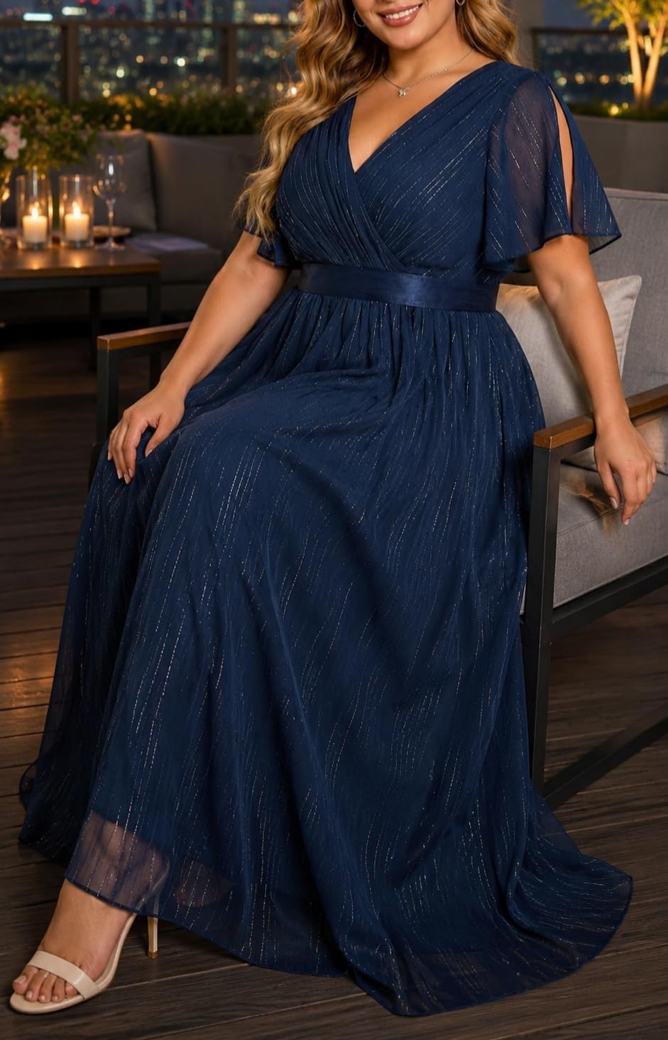 Talisea Plus Size Formal Dress – Chiffon V Neck Bridesmaid Wedding Guest Party Short Sleeve A-Line Floor Length Dresses(Navy Blue)