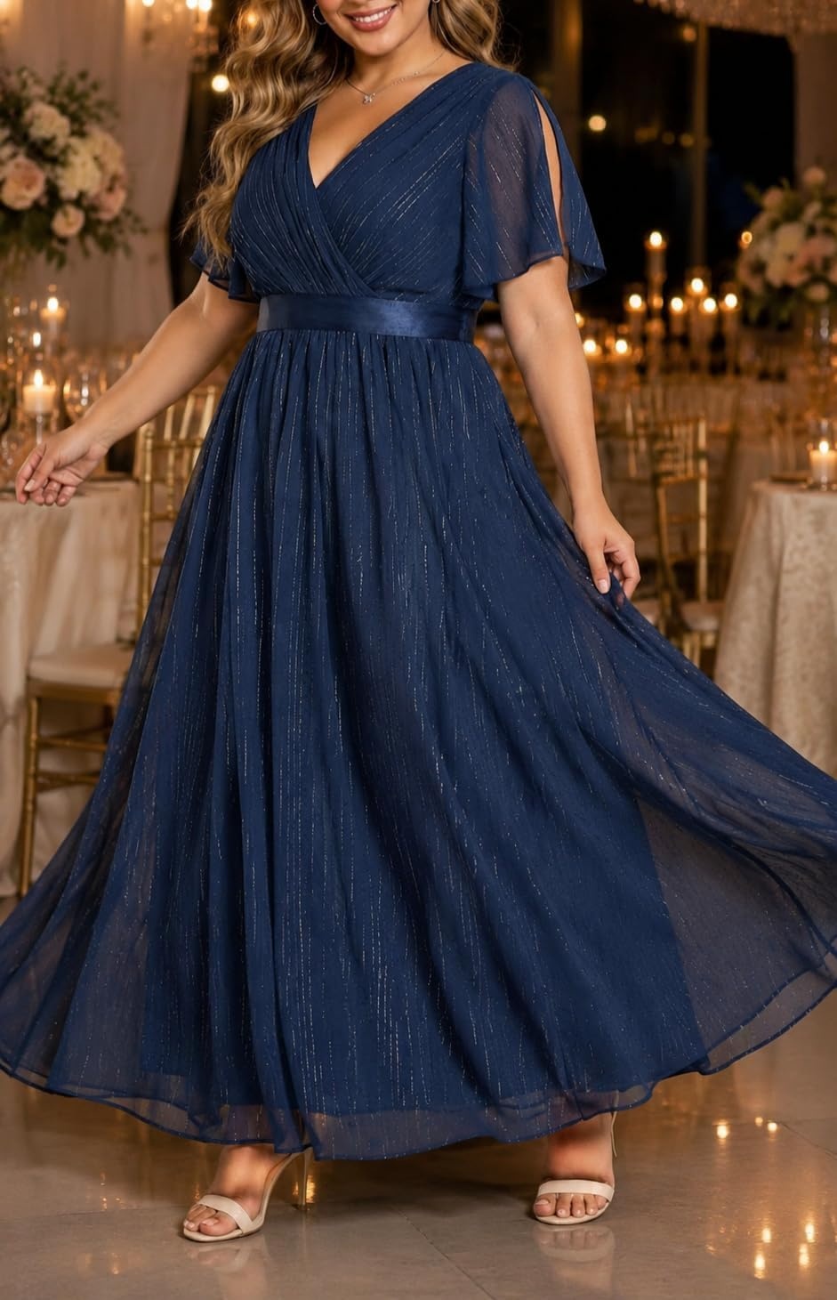 Talisea Plus Size Formal Dress – Chiffon V Neck Bridesmaid Wedding Guest Party Short Sleeve A-Line Floor Length Dresses(Navy Blue)