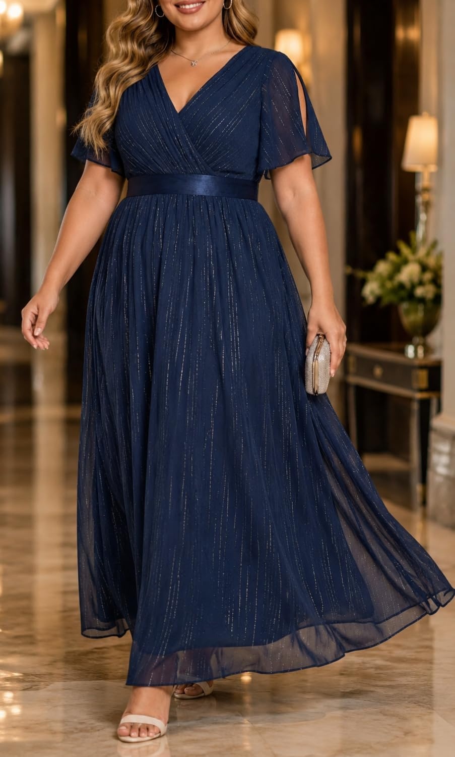 Talisea Plus Size Formal Dress – Chiffon V Neck Bridesmaid Wedding Guest Party Short Sleeve A-Line Floor Length Dresses(Navy Blue)