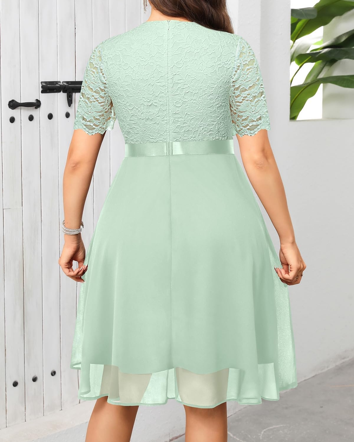 Talisea Plus Size Wedding Guest Dress – Formal Cocktail Party Ruffle Elegant Tea Length Lace Chiffon V Neck Midi Dresses(Sage Green)