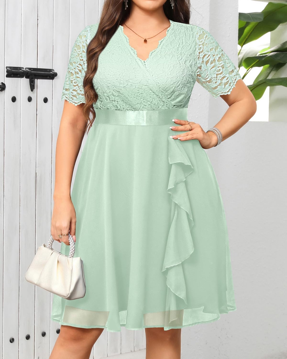 Talisea Plus Size Wedding Guest Dress – Formal Cocktail Party Ruffle Elegant Tea Length Lace Chiffon V Neck Midi Dresses(Sage Green)