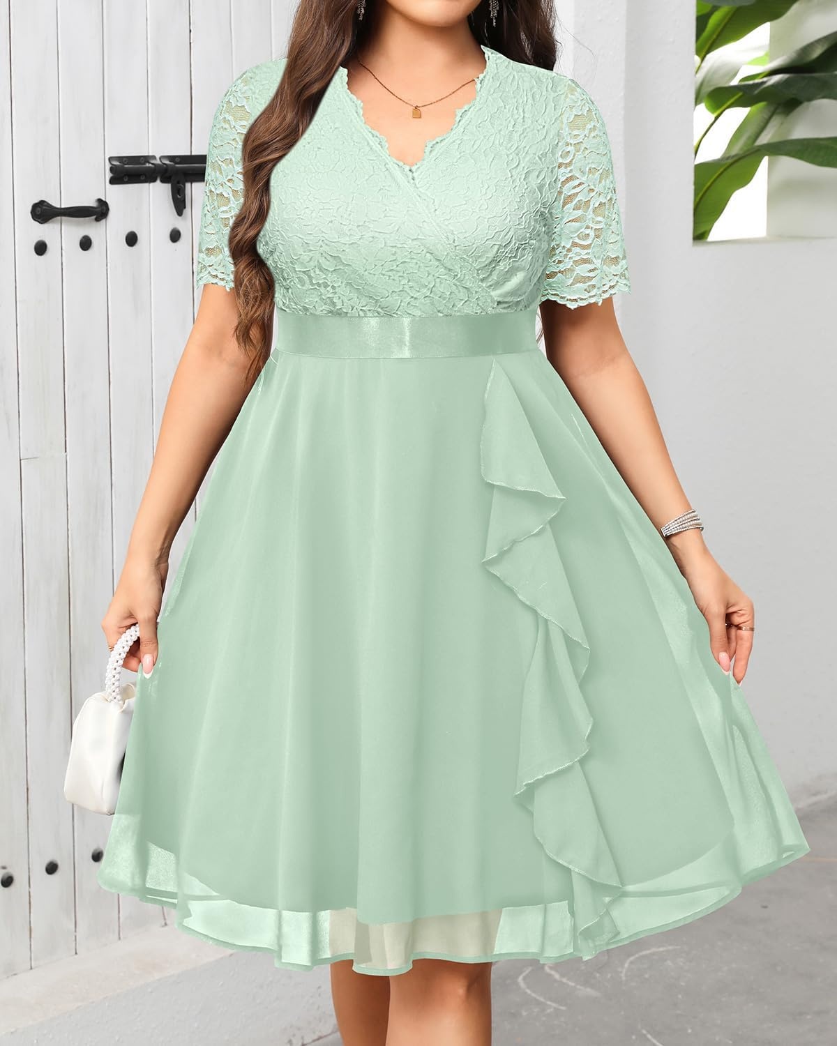 Talisea Plus Size Wedding Guest Dress – Formal Cocktail Party Ruffle Elegant Tea Length Lace Chiffon V Neck Midi Dresses(Sage Green)