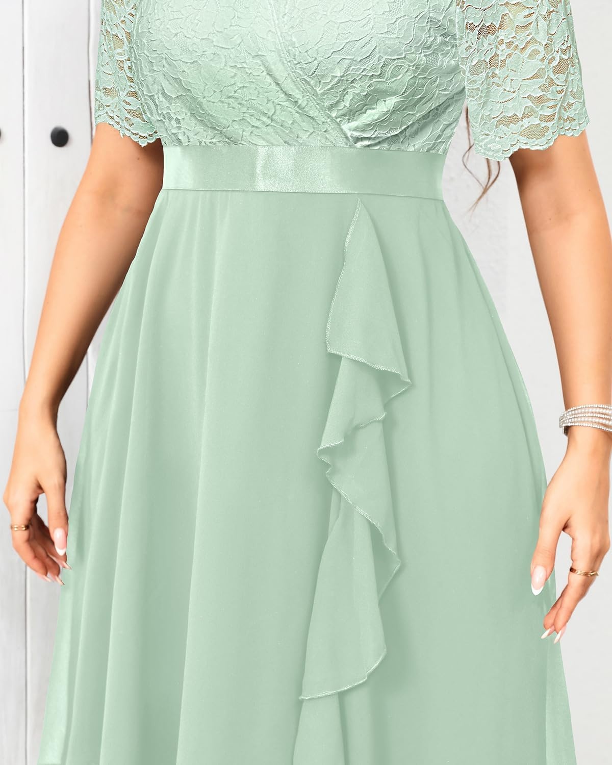 Talisea Plus Size Wedding Guest Dress – Formal Cocktail Party Ruffle Elegant Tea Length Lace Chiffon V Neck Midi Dresses(Sage Green)