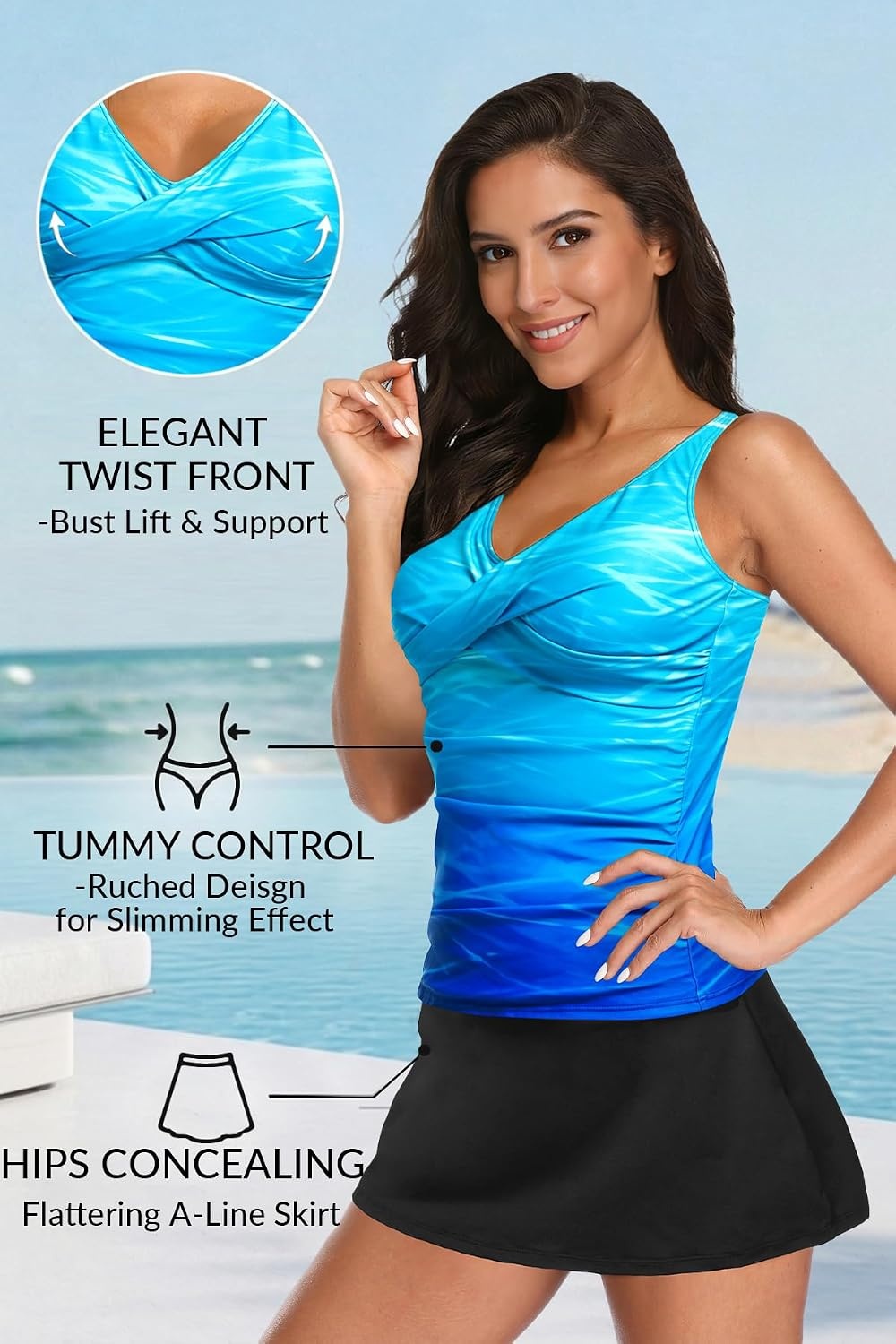 Tankini Bathing Suits with Skirt Two Piece Tummy Control Twist Swimsuits | Adjustable Straps,Slimming Ruching Design,Chic Twist Front and V-Neck,Built-In Safety Brief(Blue Gradient)