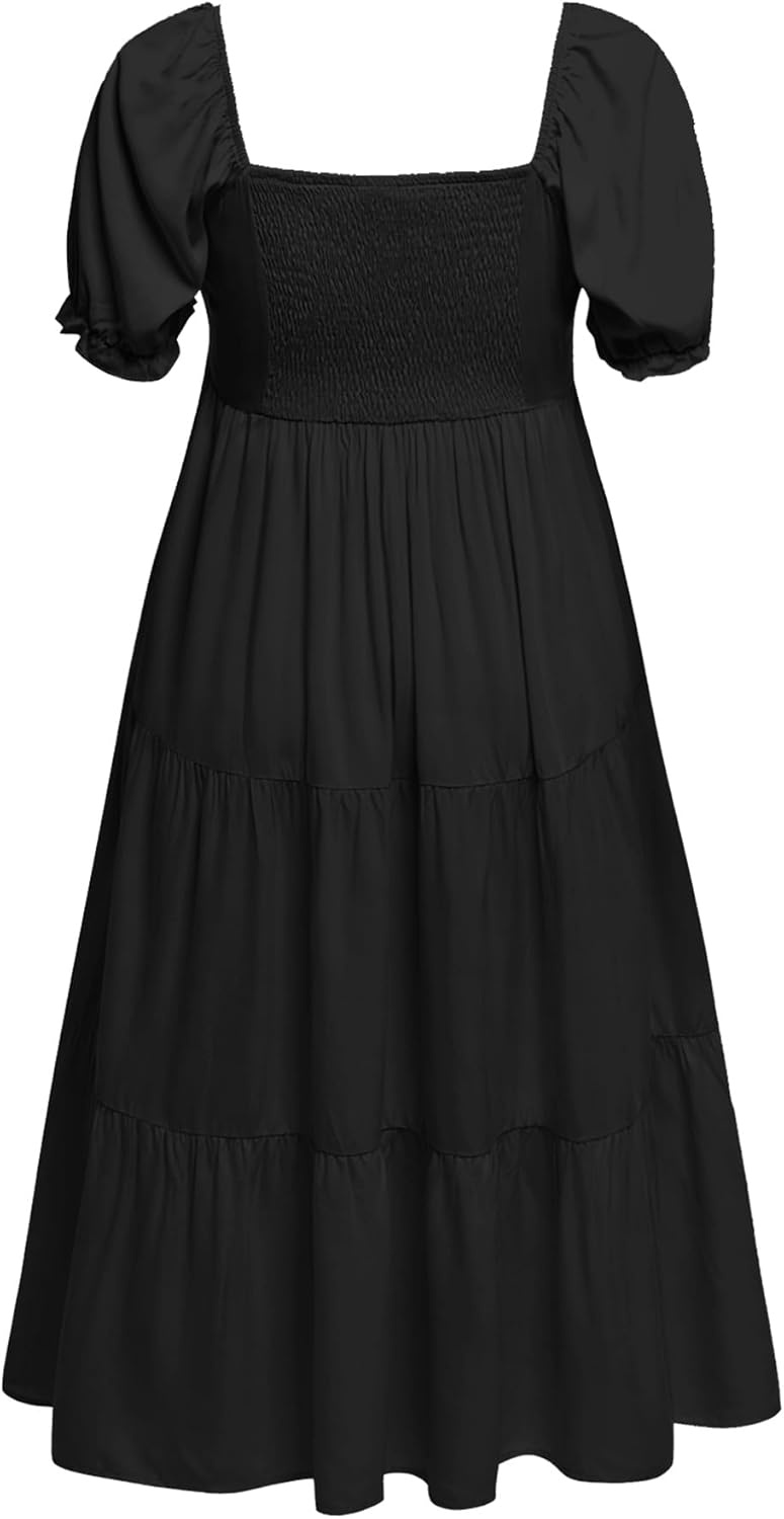Plus Size Summer Dresses – Sweetheart Neck Drawstring Puff Sleeve Casual Tiered Aline Flowy Midi Dress(Black)