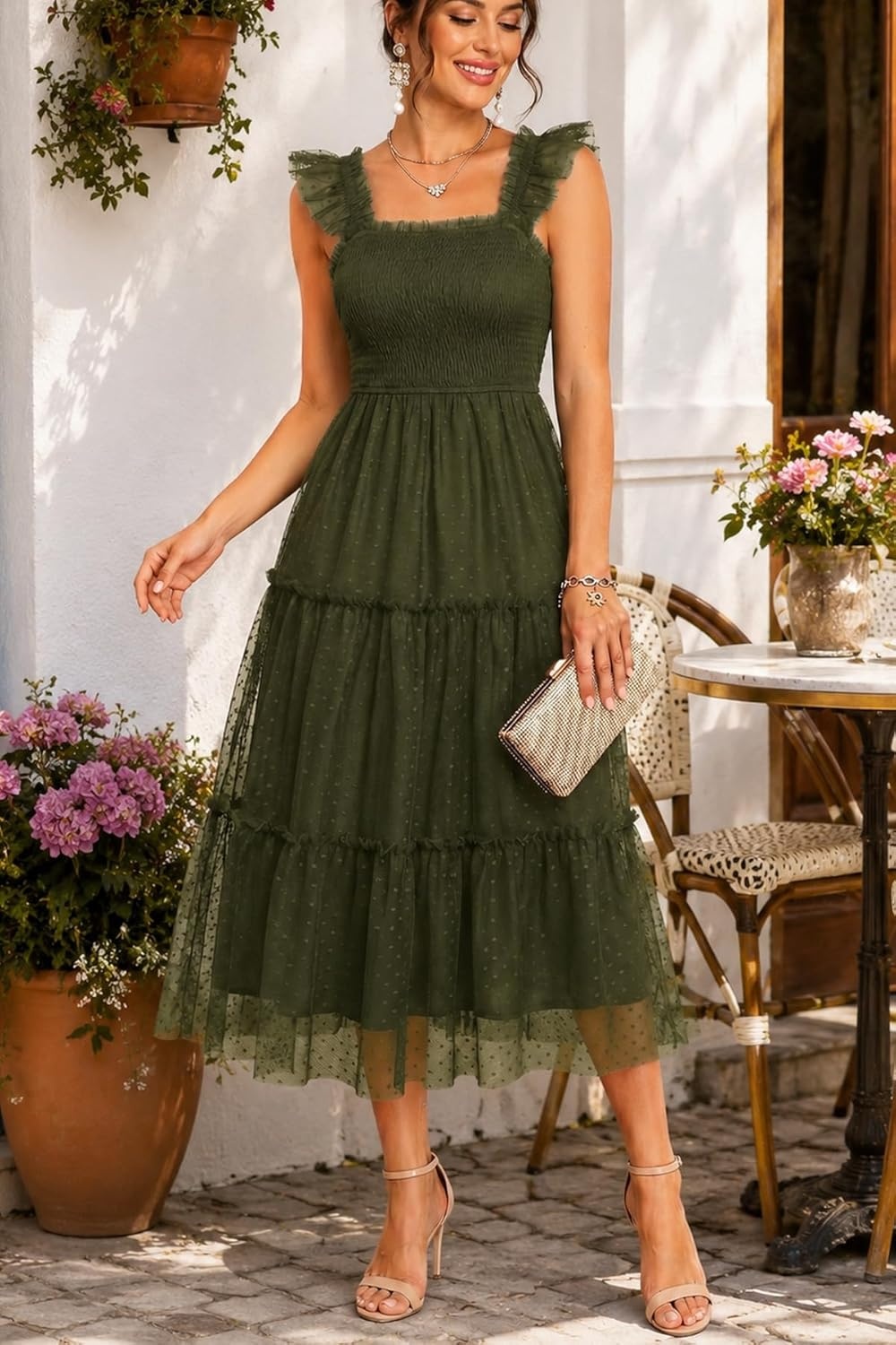 Women’s Wedding Guest Dress Dotted Tulle Smocked Summer Midi Sleeveless Ruffle Tiered Flowy Mesh Party Sundress(Army Green)