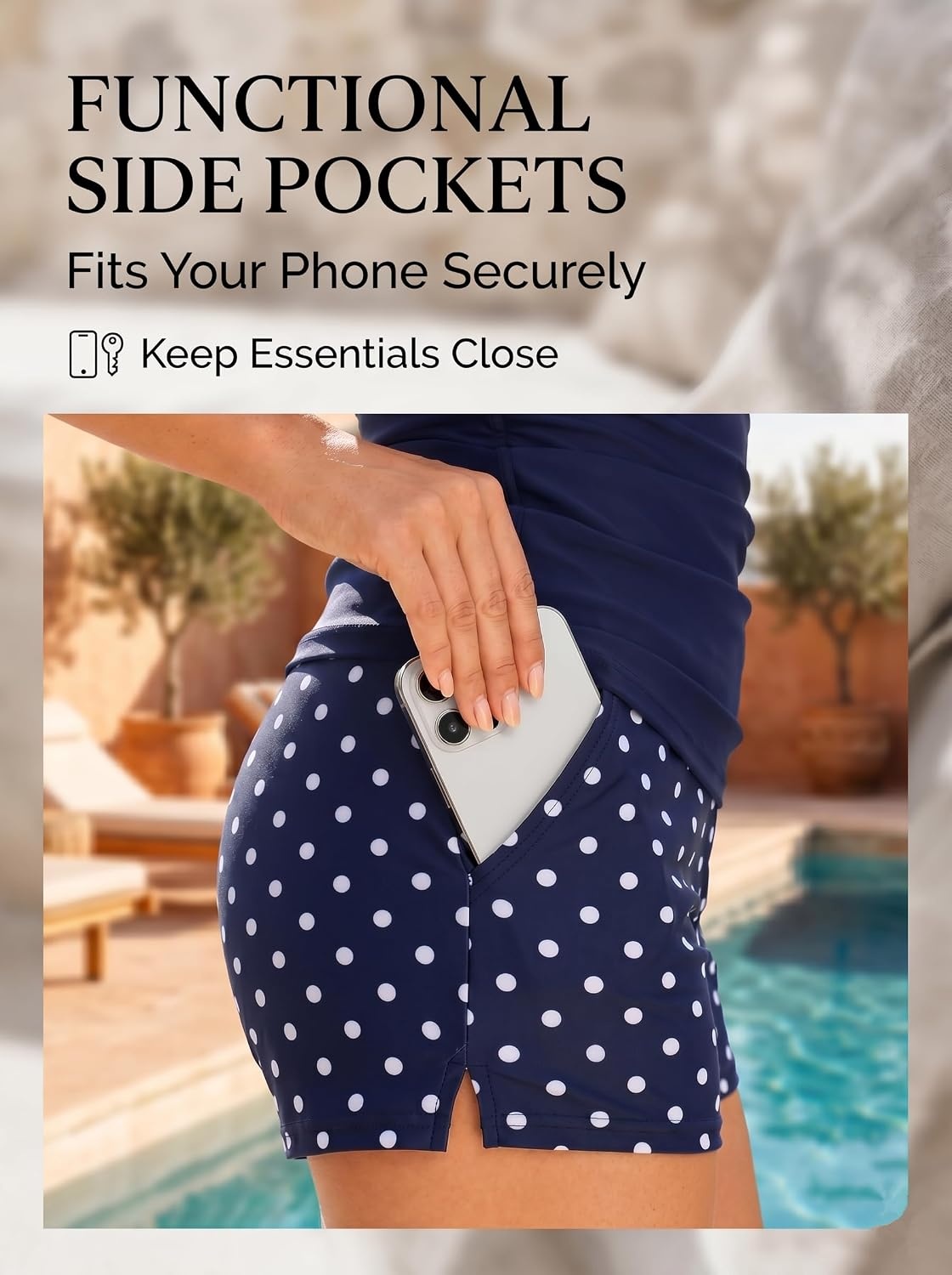 Tankini with Shorts – Tummy Control Two Piece Swimsuit with Pockets | Tummy control smooths your silhouette. Side pockets keep essentials handy. High-waist boy shorts provide full coverage.(Blue Dot)