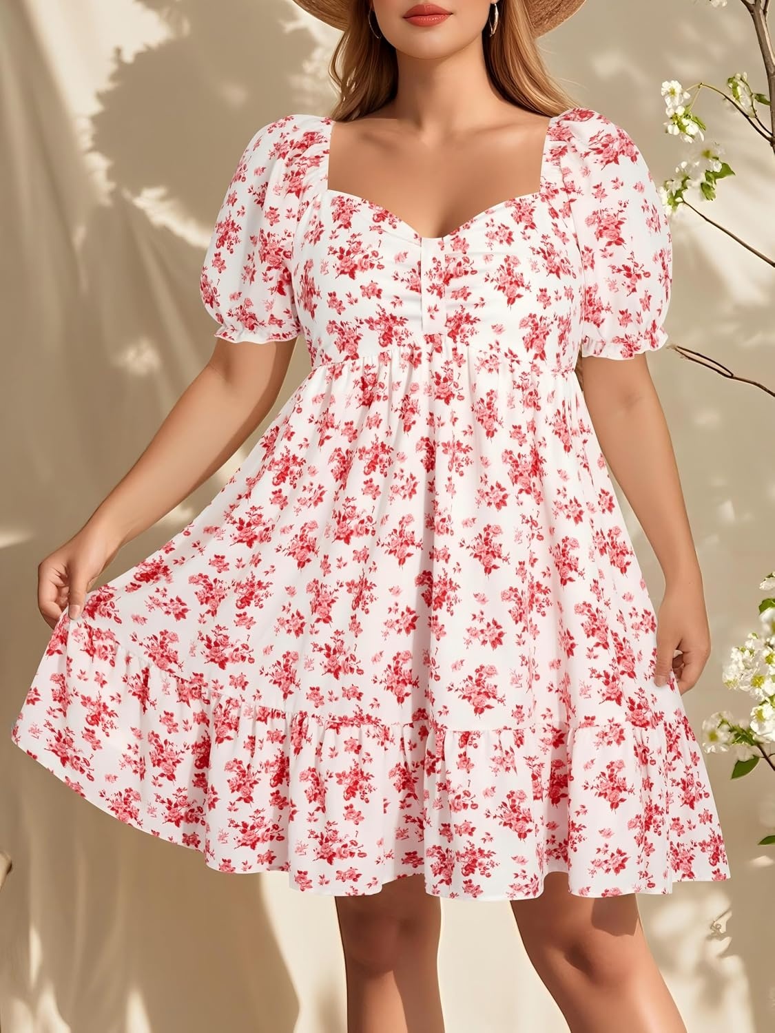 Talisea Plus Size Sweetheart Neck Puff Short Sleeve Babydoll Summer Dress | Sweetheart neck / puff short sleeves / ruched front / smocked back / tiered ruffle hem / babydoll summer dress(White Red Floral)