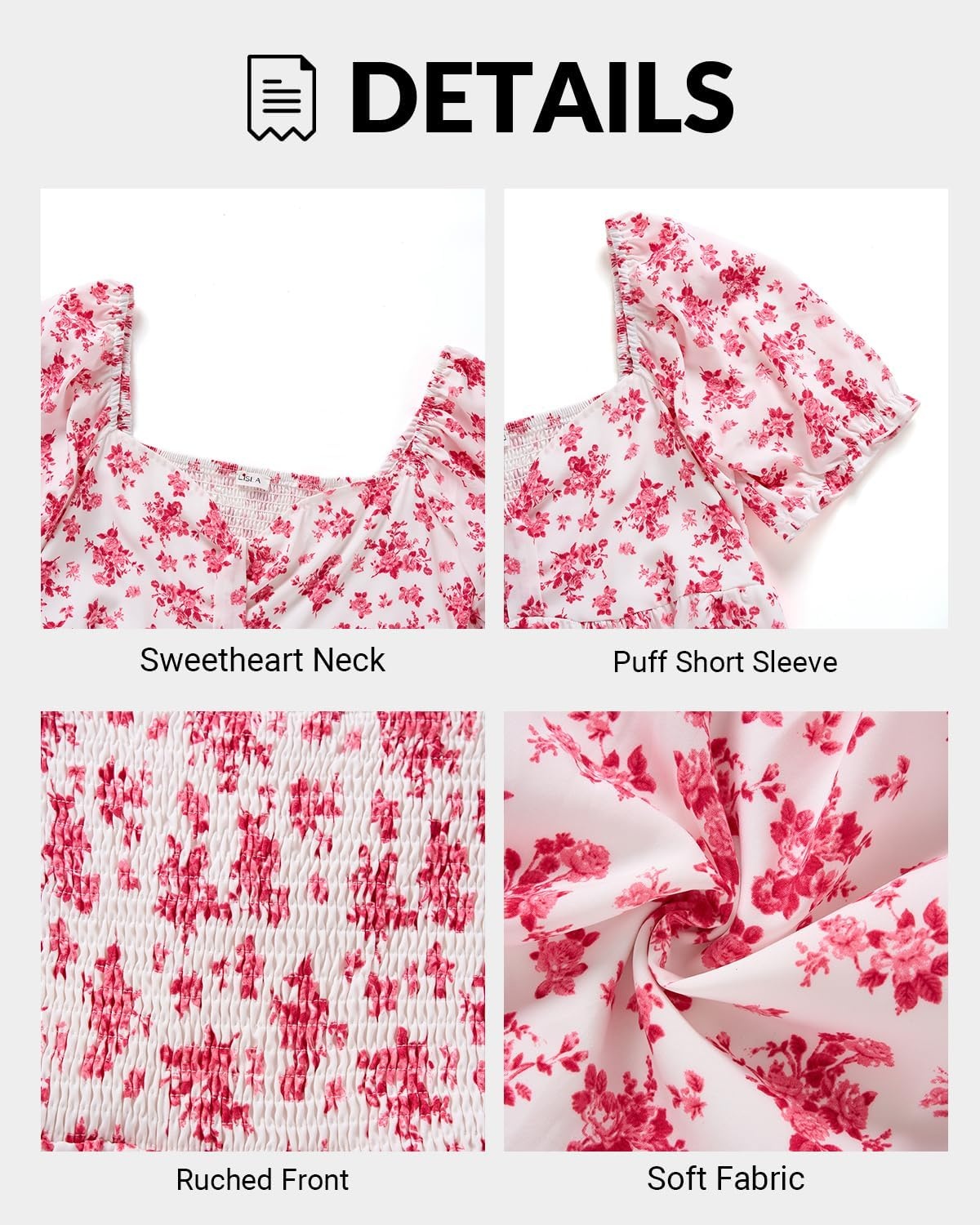 Talisea Plus Size Sweetheart Neck Puff Short Sleeve Babydoll Summer Dress | Sweetheart neck / puff short sleeves / ruched front / smocked back / tiered ruffle hem / babydoll summer dress(White Red Floral)