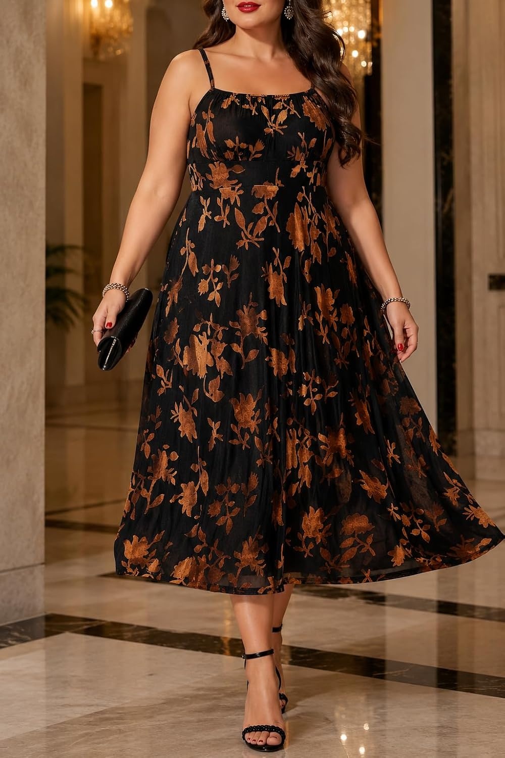 Talisea Plus Size Wedding Guest Cocktail Party Women’s Summer Dress Brown Floral Velvet Sleeveless Spaghetti Strap Midi Dress