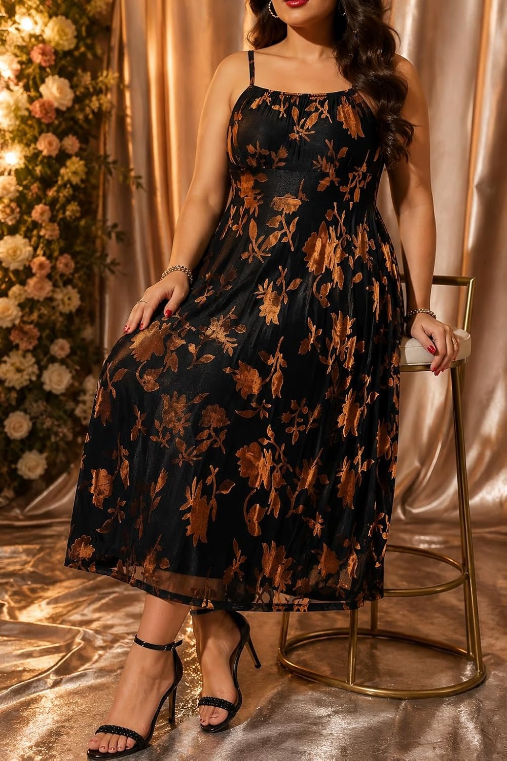 Talisea Plus Size Wedding Guest Cocktail Party Women’s Summer Dress Brown Floral Velvet Sleeveless Spaghetti Strap Midi Dress