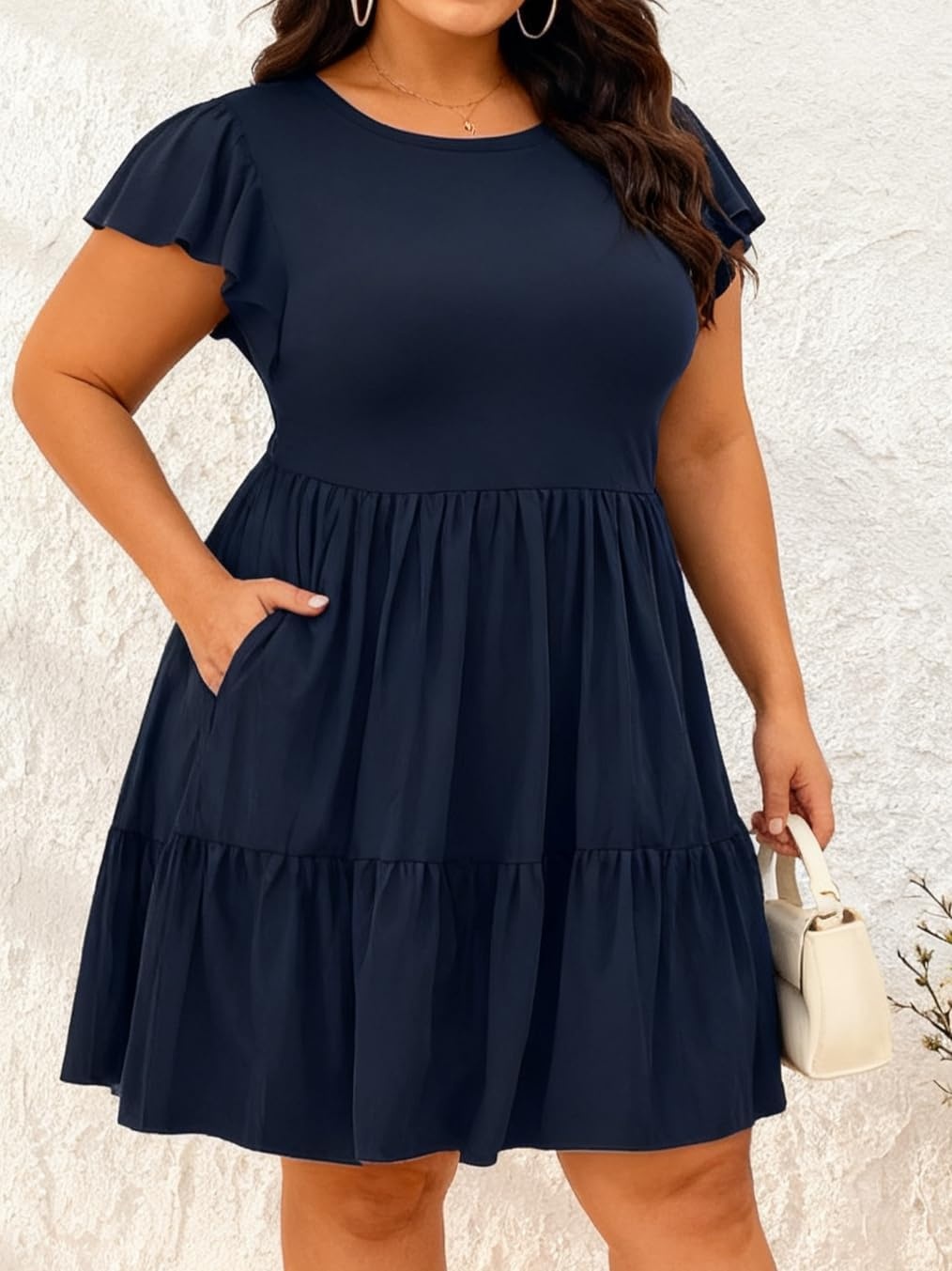Talisea Women’s Plus Size Casual Summer Tiered Flutter Sleeve Swing Short Babydoll Dress with Pockets(Navy Blue)
