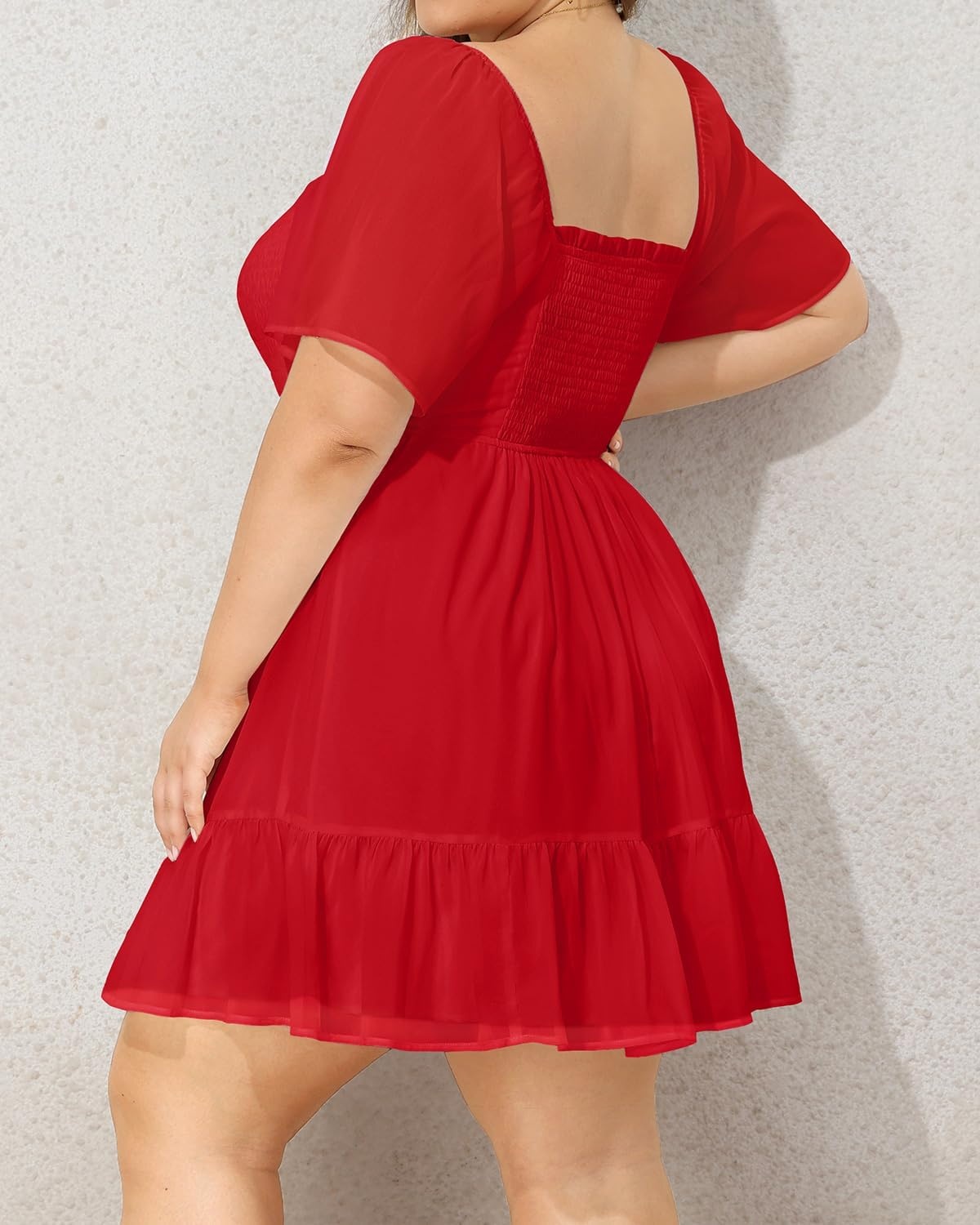 Talisea Plus Size Women’s Sweetheart Neckline Dress Smocked Short Summer Sundress Chiffon Mini Cute Graduation Dresses(Red Short Sleeve)