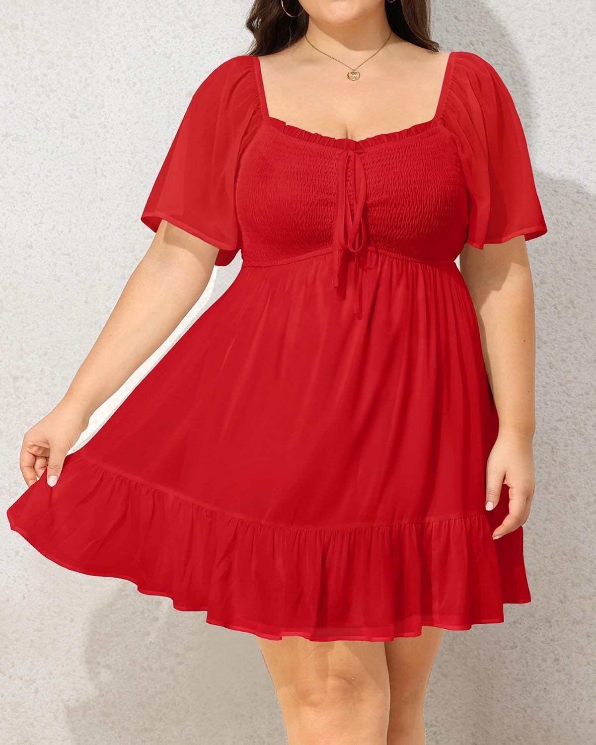 Talisea Plus Size Women’s Sweetheart Neckline Dress Smocked Short Summer Sundress Chiffon Mini Cute Graduation Dresses(Red Short Sleeve)