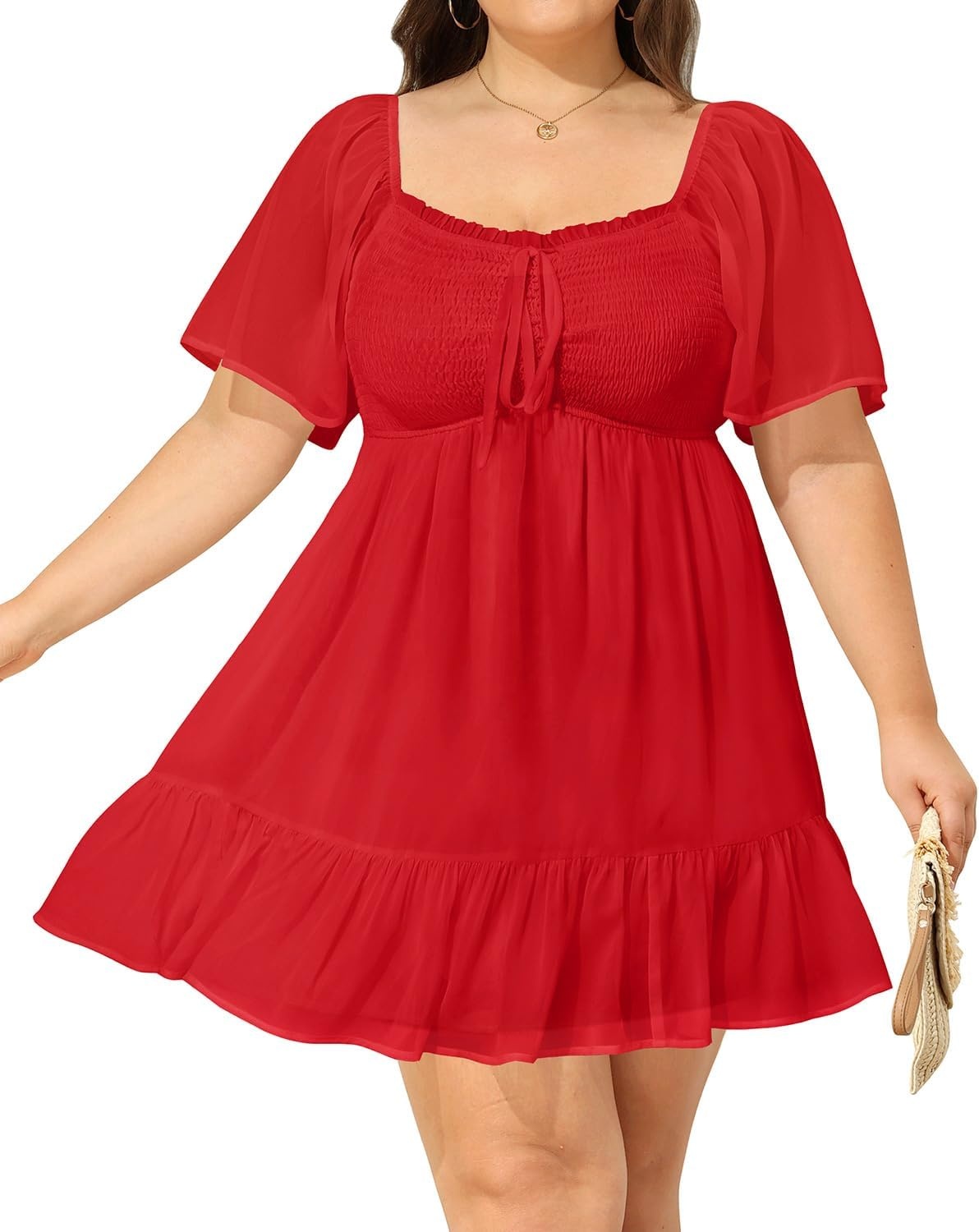 Talisea Plus Size Women’s Sweetheart Neckline Dress Smocked Short Summer Sundress Chiffon Mini Cute Graduation Dresses(Red Short Sleeve)