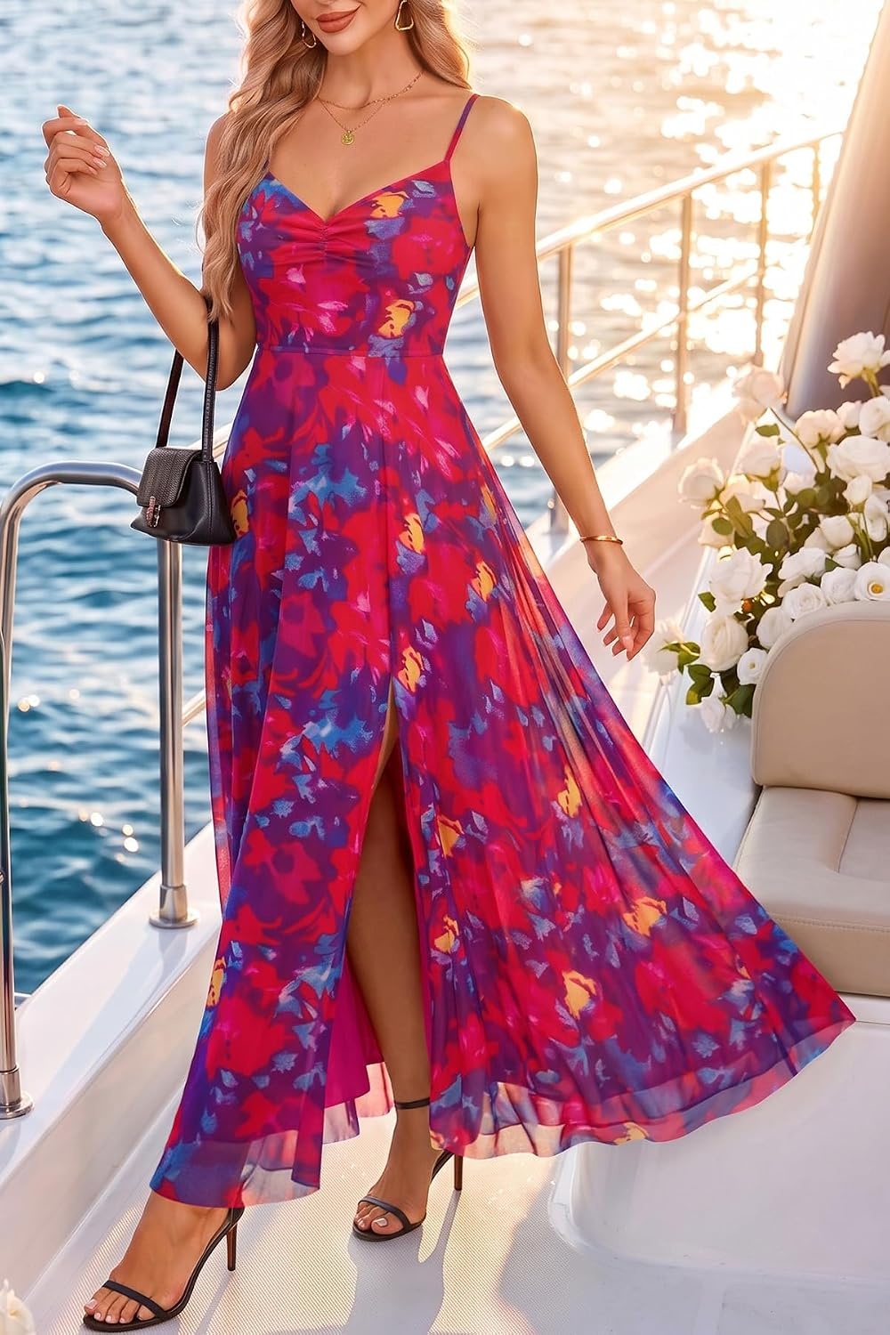 Summer Wedding Guest Dress Spaghetti Strap Formal A Line Maxi Dresses Women(Floral Navy and Red)