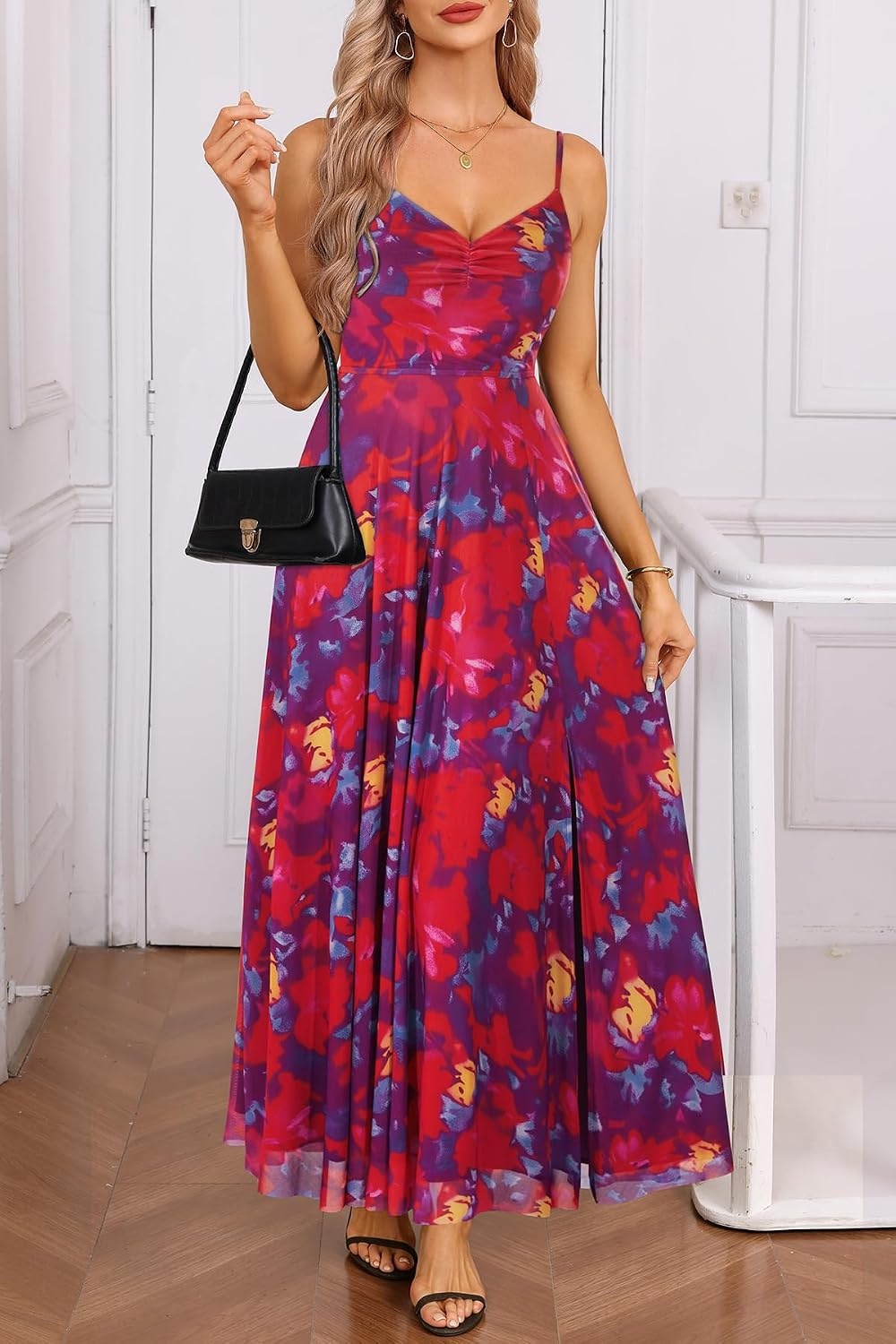 Summer Wedding Guest Dress Spaghetti Strap Formal A Line Maxi Dresses Women(Floral Navy and Red)