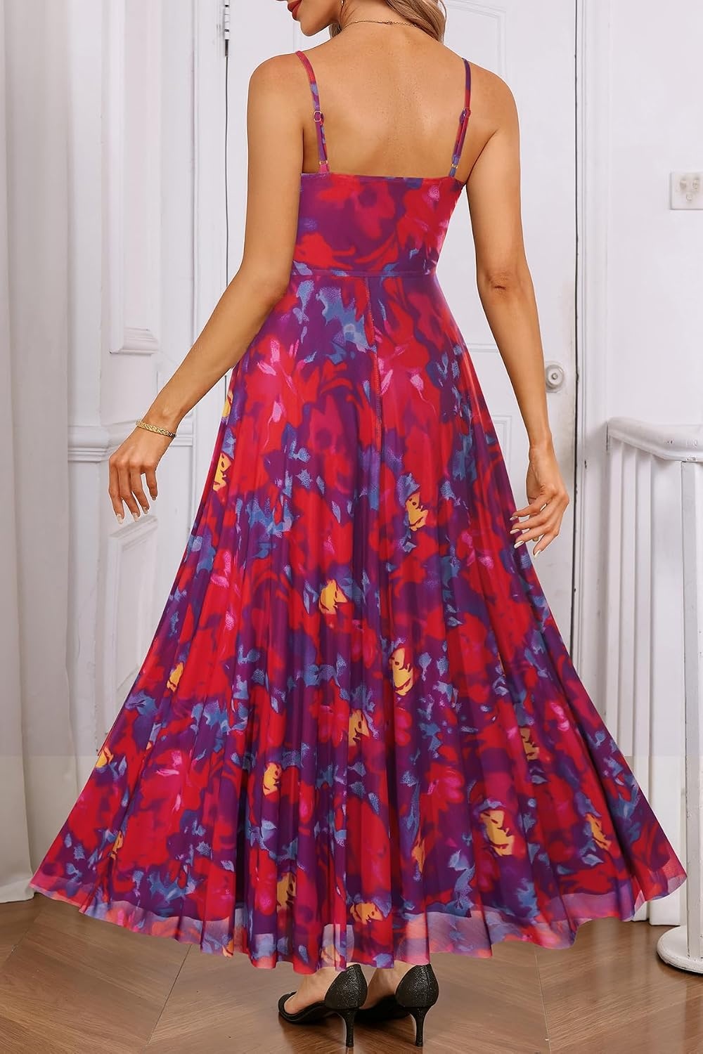 Summer Wedding Guest Dress Spaghetti Strap Formal A Line Maxi Dresses Women(Floral Navy and Red)