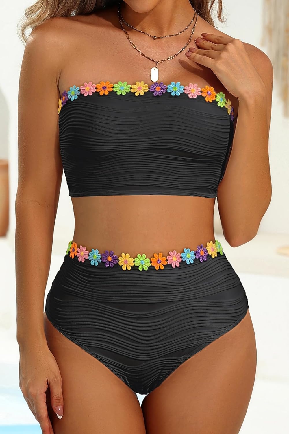 High Waisted Bandeau Bikini Set – Women Strapless Two Piece Swimsuits Ribbed Longline Full Coverage Bathing Suits Swimwear(Floral-black)