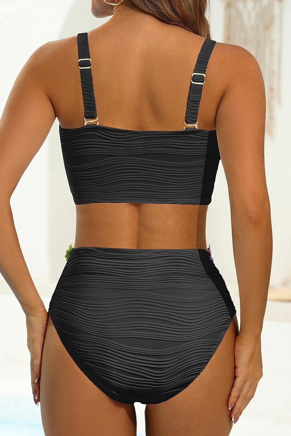 High Waisted Bandeau Bikini Set – Women Strapless Two Piece Swimsuits Ribbed Longline Full Coverage Bathing Suits Swimwear(Floral-black)